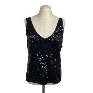 White + Warren Top Sequined Sleeveless V-Neck Silk Black